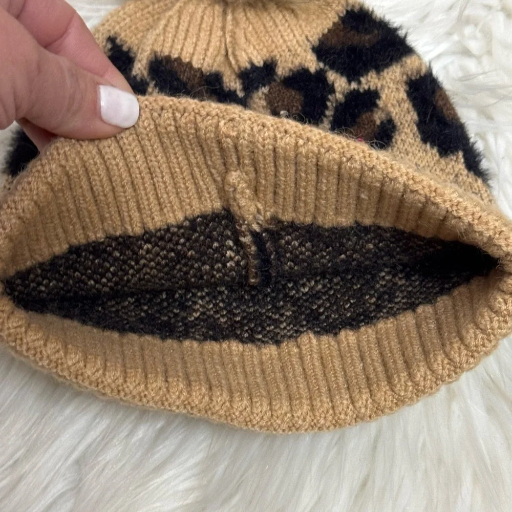 C.C Exclusives Soft Beanie Hat with Leopard Print Pattern and Faux Fur Pom